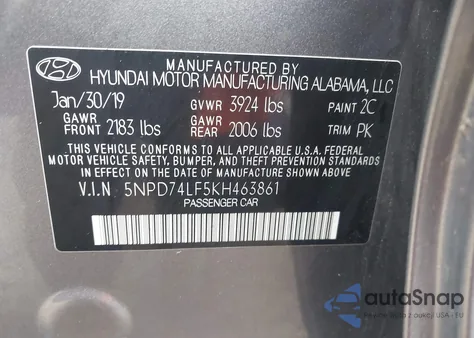 2019 Hyundai Elantra Se z USA, uszkodzony, nr VIN 5NPD74LF5KH463861
